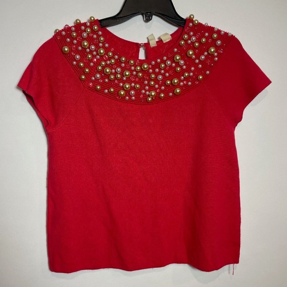 MOTH Anthro Brienne Wool Blend Knit Pearl Beaded Sweater Red S Knit Short Sleeve